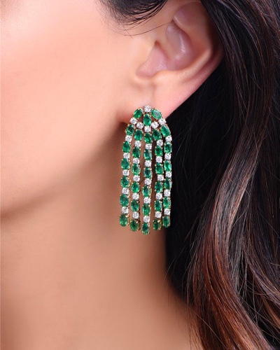 Emerald and Diamond Dangle Chandelier Earrings Set in Yellow and White Gold