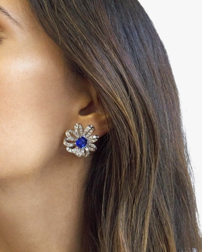 Sapphire and Diamond Flower Earrings Set in Platimim