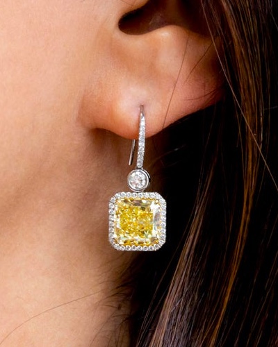 Square Radiant Yellow Diamond Pave Halo Drop Earrings